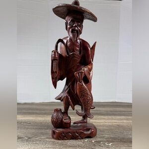 Asian Art 12” Vintage Chinese Longan Wood Hand Carved Harvest Fishermen Statute